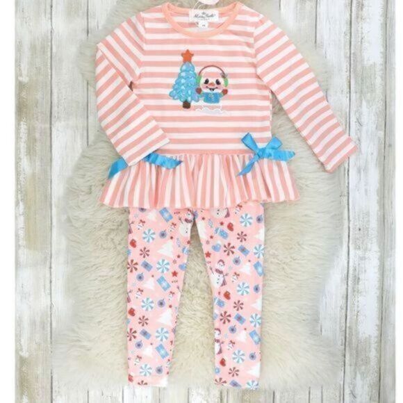 NWT Girls 2 piece Peach Stripe With Snowmen, Candy & Bow Detail -Size 6-12 Month - Picture 1 of 8